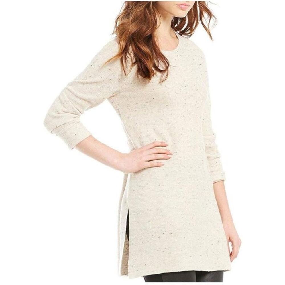 Eileen Fisher Organic Cotton Wool Jewel Neck Tunic Sweater Maple Oat Peppered M